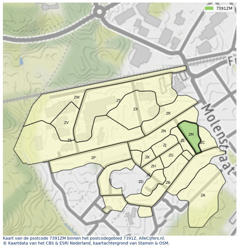 Afbeelding van het postcodegebied 7391 ZM op de kaart.
