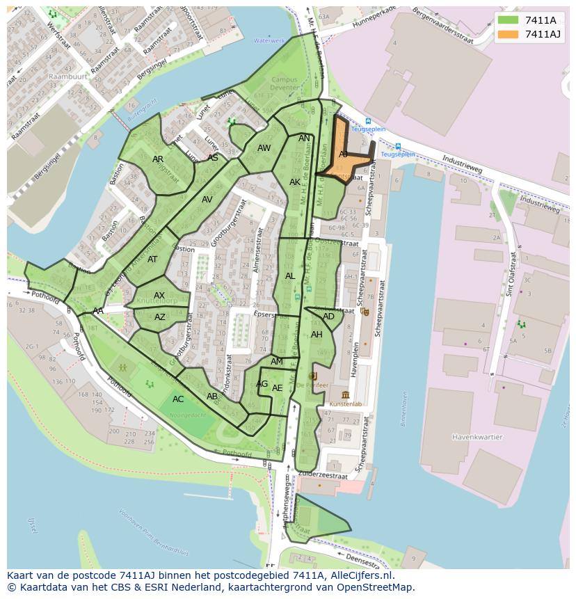 Afbeelding van het postcodegebied 7411 AJ op de kaart.