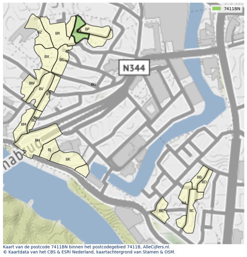 Afbeelding van het postcodegebied 7411 BN op de kaart.