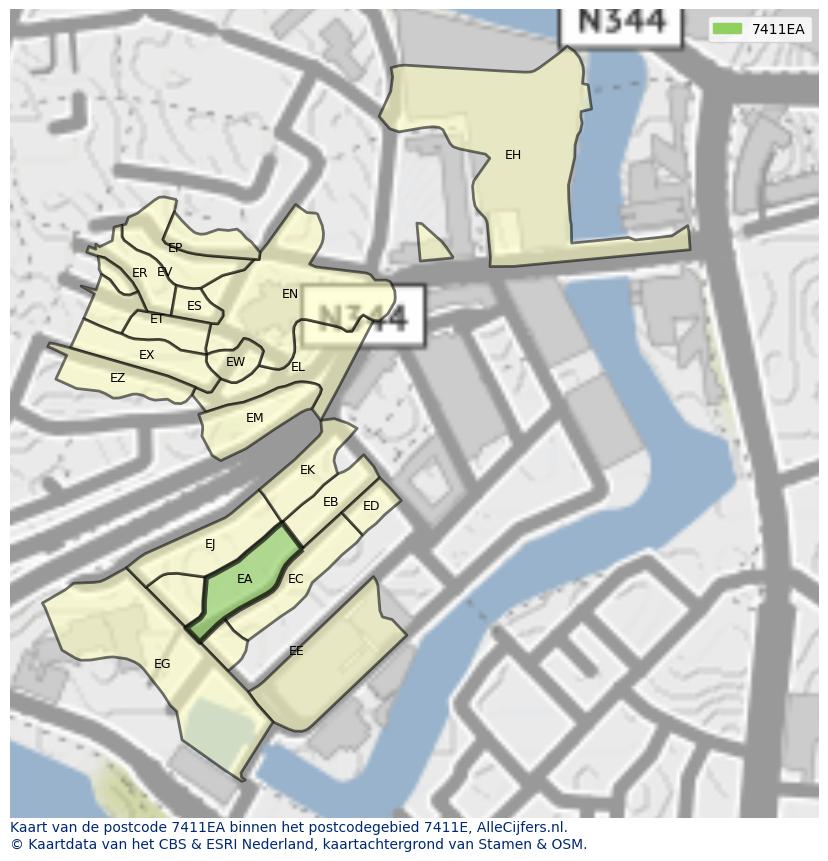 Afbeelding van het postcodegebied 7411 EA op de kaart.