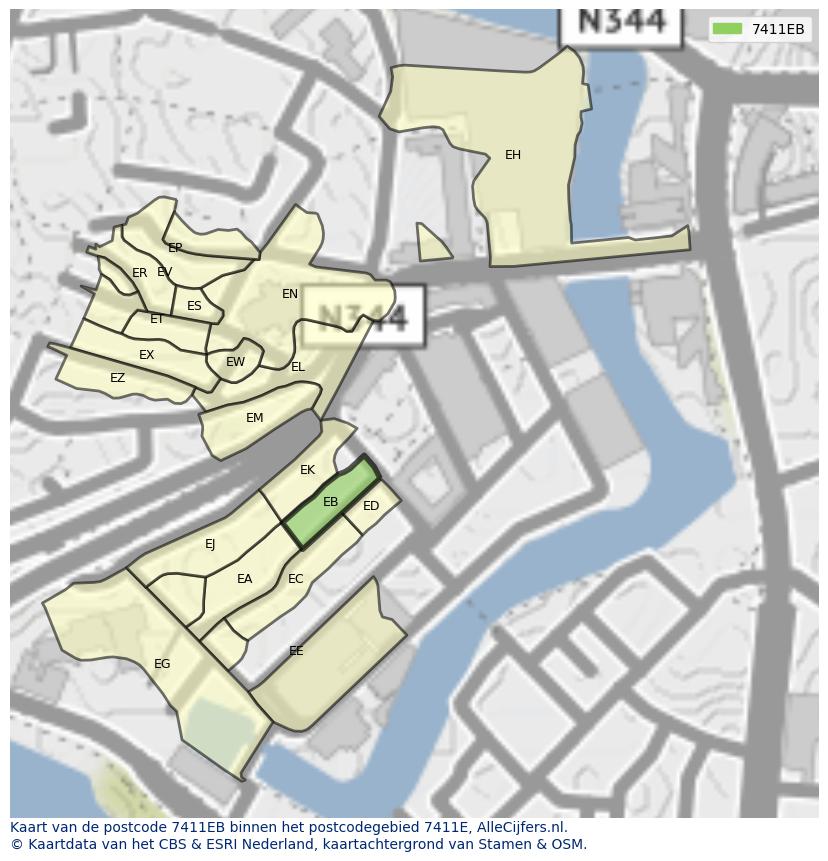Afbeelding van het postcodegebied 7411 EB op de kaart.