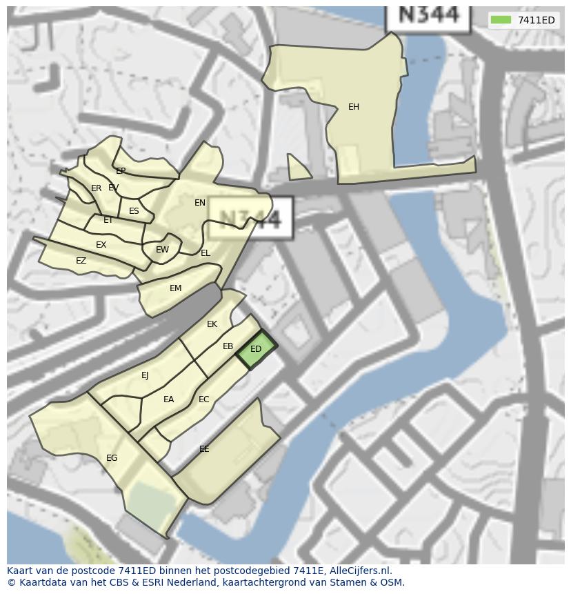 Afbeelding van het postcodegebied 7411 ED op de kaart.