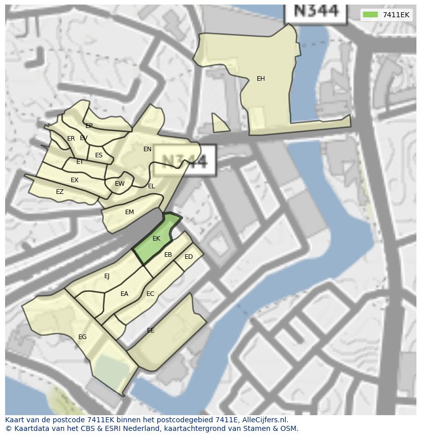Afbeelding van het postcodegebied 7411 EK op de kaart.