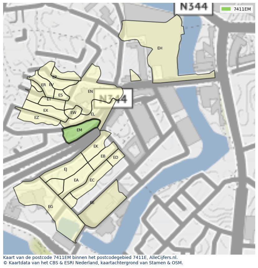 Afbeelding van het postcodegebied 7411 EM op de kaart.