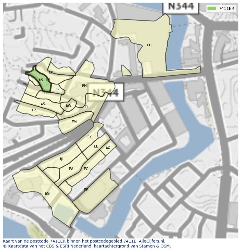 Afbeelding van het postcodegebied 7411 ER op de kaart.