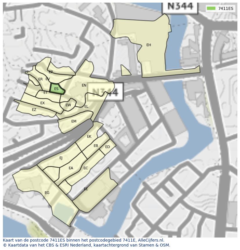 Afbeelding van het postcodegebied 7411 ES op de kaart.
