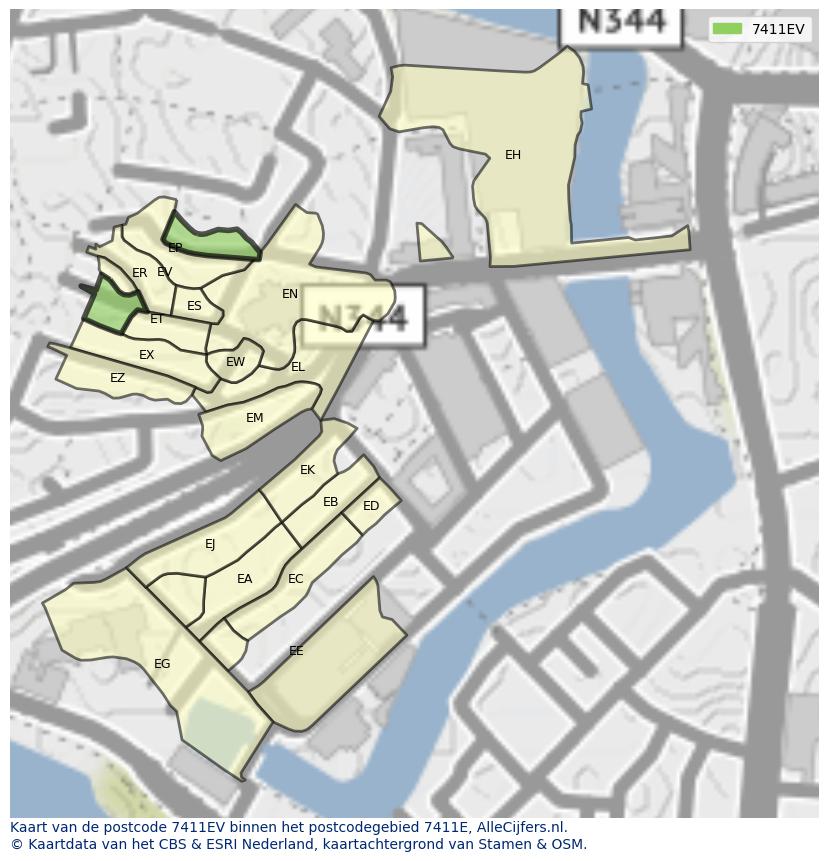 Afbeelding van het postcodegebied 7411 EV op de kaart.