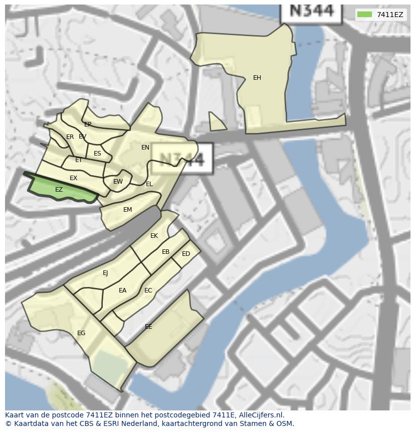 Afbeelding van het postcodegebied 7411 EZ op de kaart.
