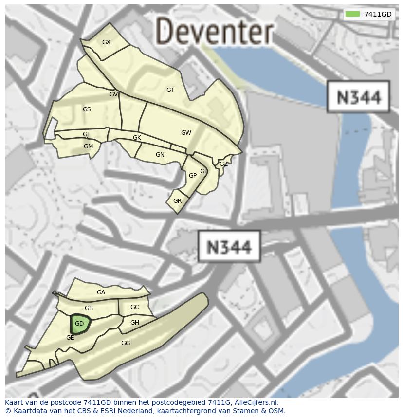 Afbeelding van het postcodegebied 7411 GD op de kaart.