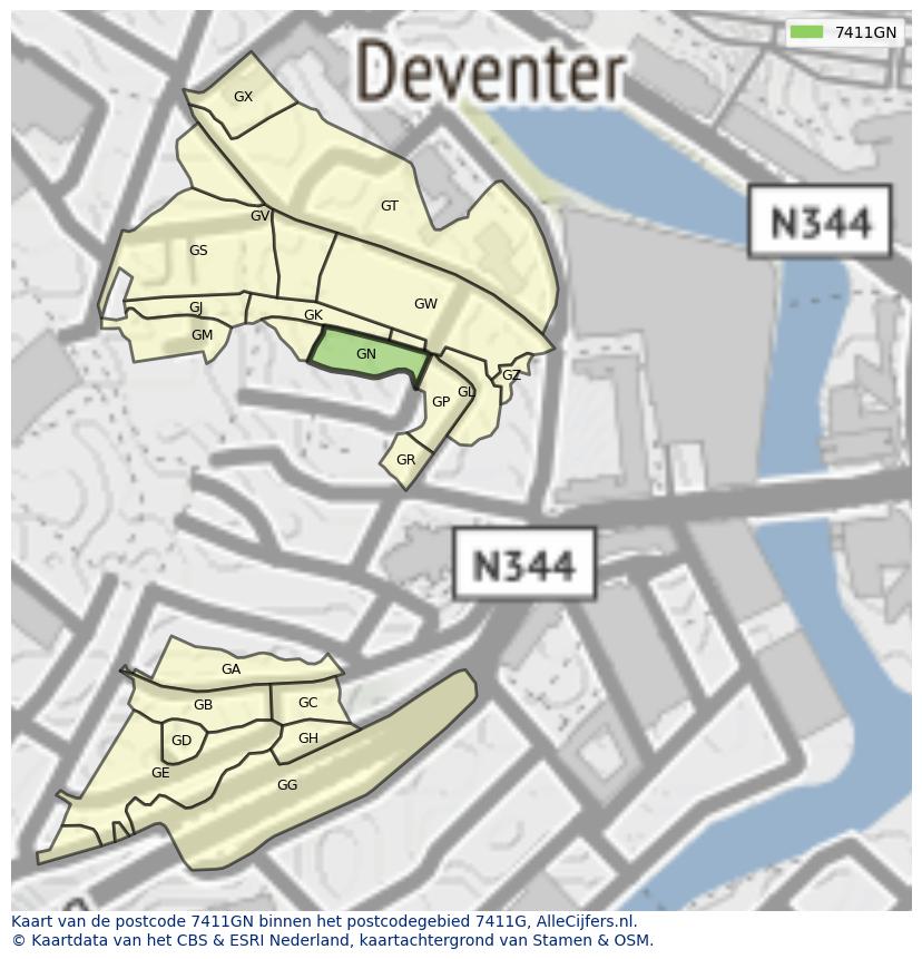 Afbeelding van het postcodegebied 7411 GN op de kaart.