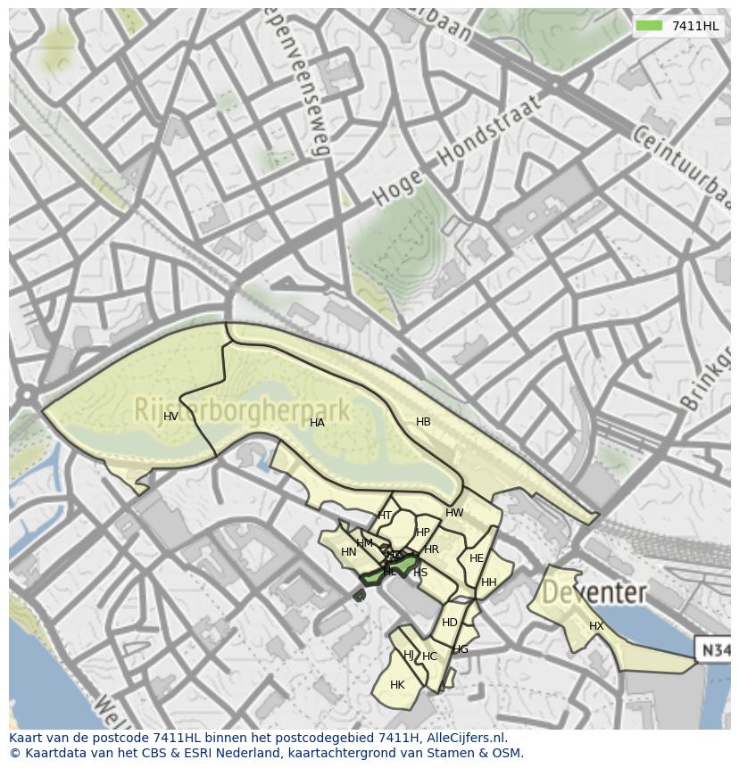 Afbeelding van het postcodegebied 7411 HL op de kaart.
