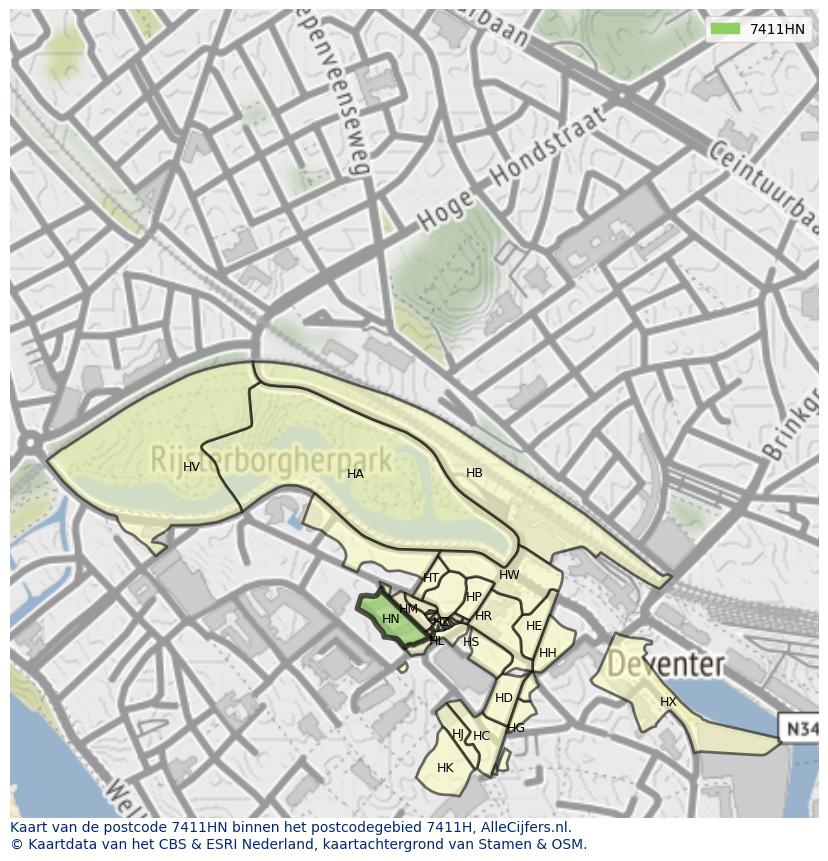 Afbeelding van het postcodegebied 7411 HN op de kaart.