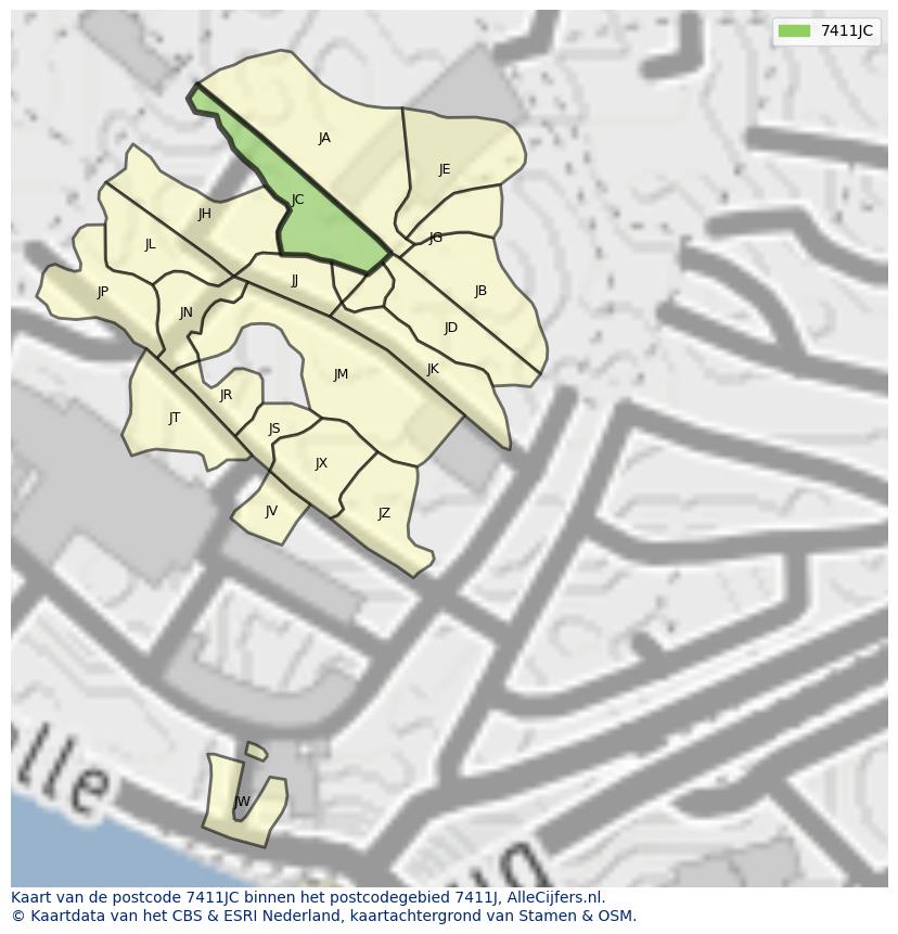 Afbeelding van het postcodegebied 7411 JC op de kaart.