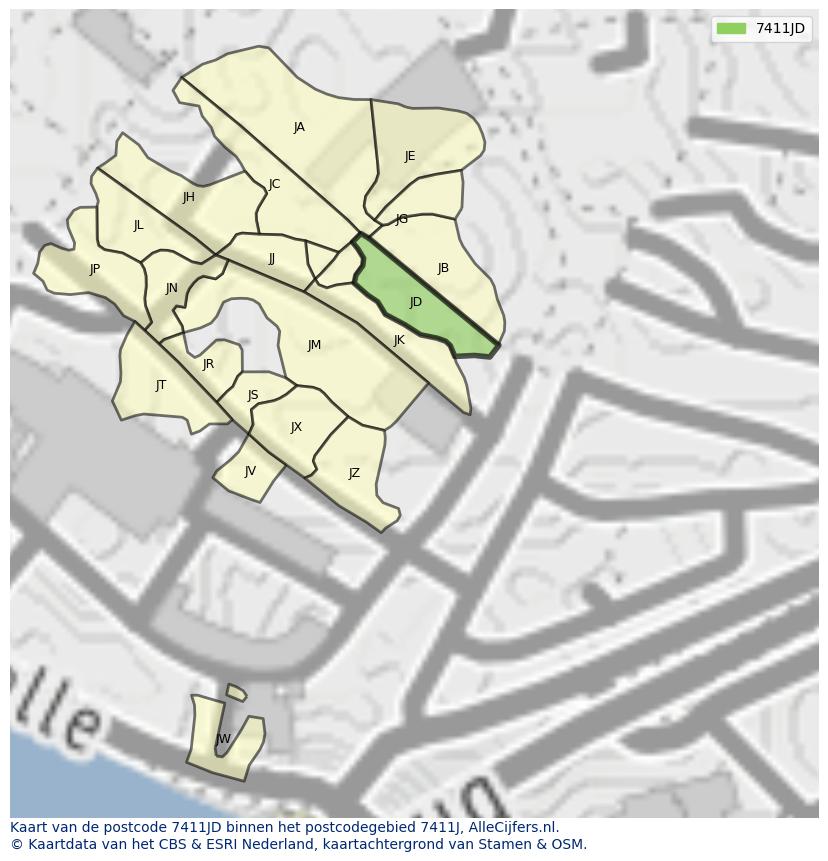 Afbeelding van het postcodegebied 7411 JD op de kaart.