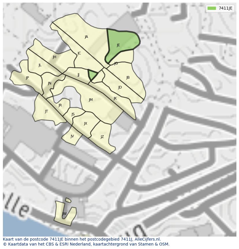 Afbeelding van het postcodegebied 7411 JE op de kaart.