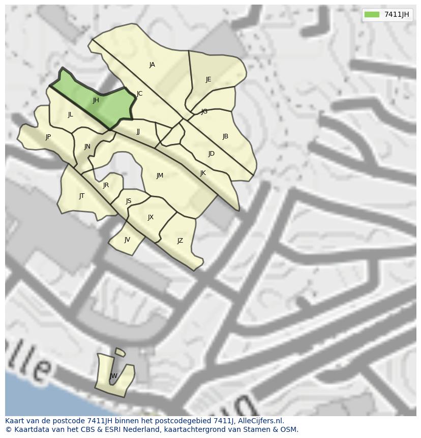Afbeelding van het postcodegebied 7411 JH op de kaart.