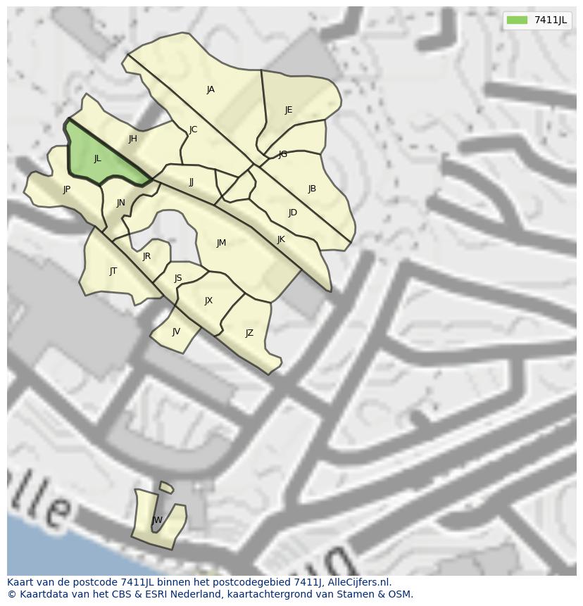 Afbeelding van het postcodegebied 7411 JL op de kaart.