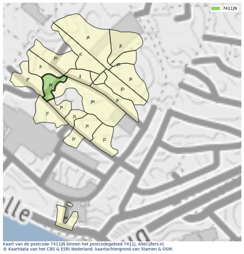Afbeelding van het postcodegebied 7411 JN op de kaart.