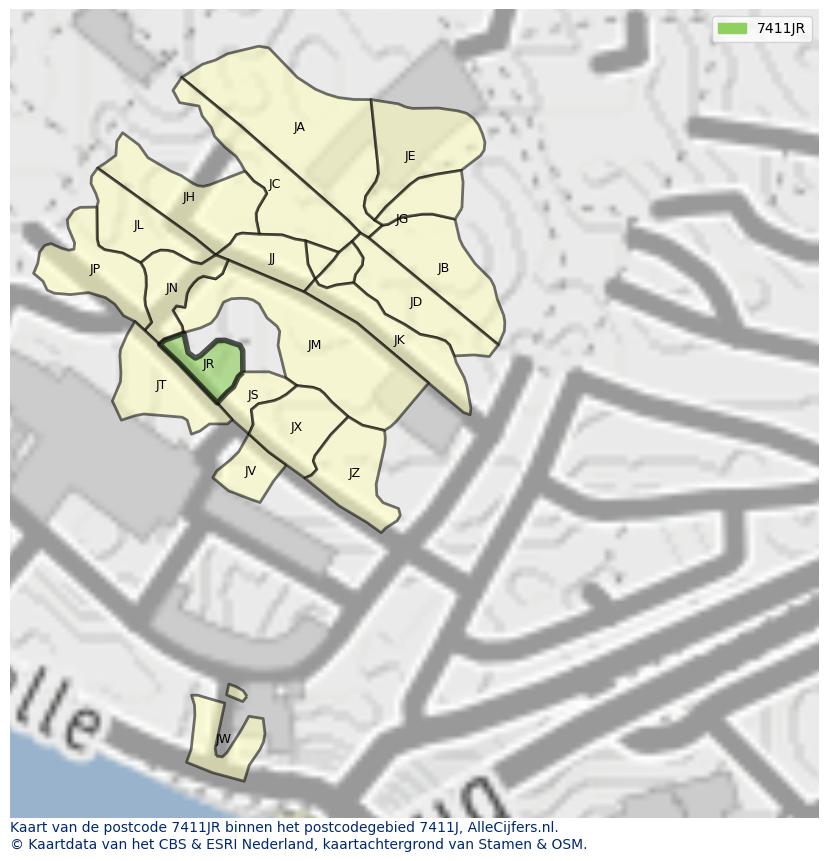 Afbeelding van het postcodegebied 7411 JR op de kaart.