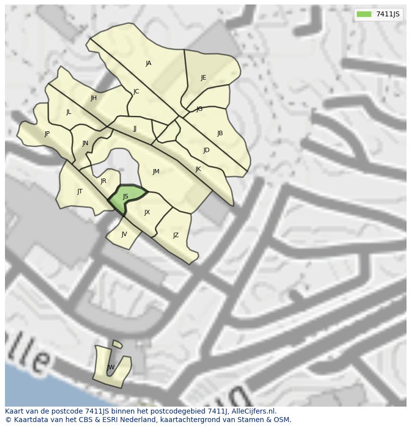 Afbeelding van het postcodegebied 7411 JS op de kaart.