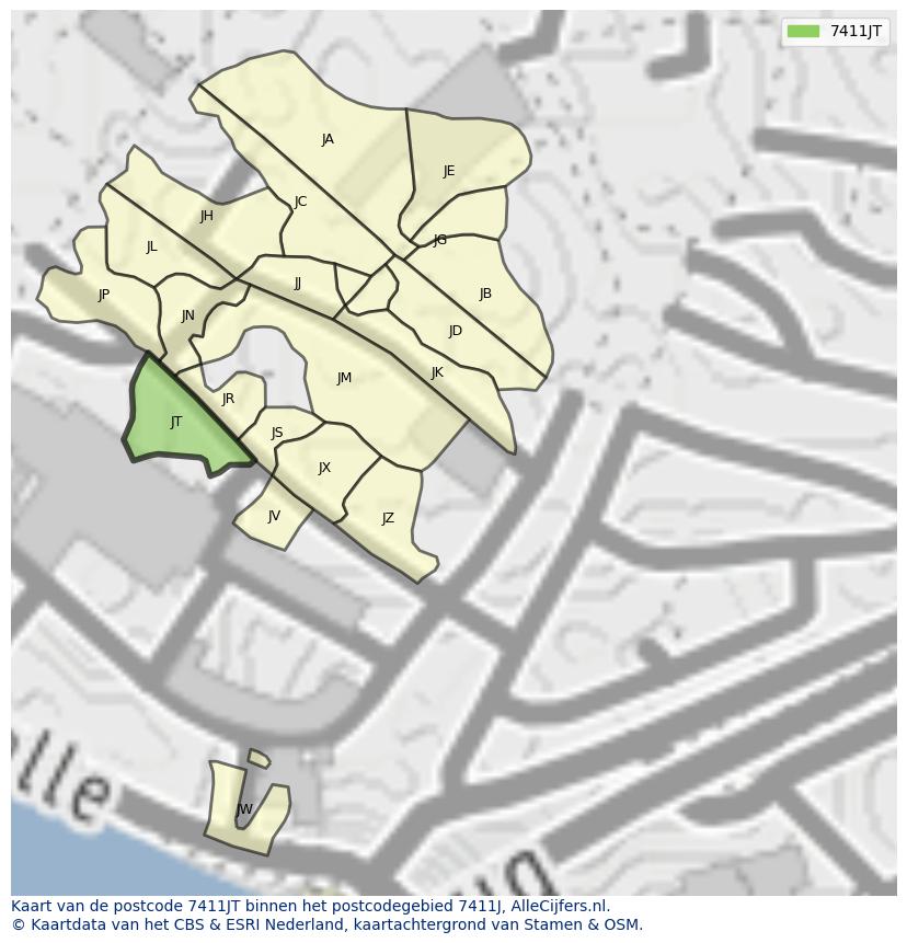 Afbeelding van het postcodegebied 7411 JT op de kaart.