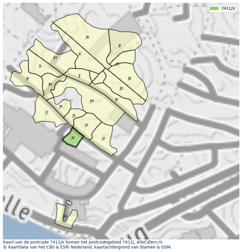 Afbeelding van het postcodegebied 7411 JV op de kaart.
