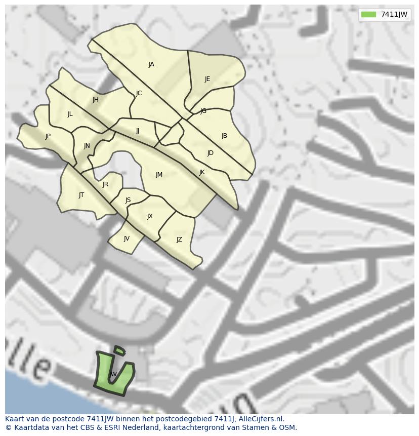 Afbeelding van het postcodegebied 7411 JW op de kaart.