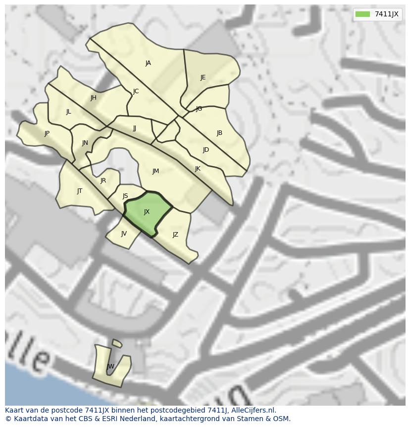 Afbeelding van het postcodegebied 7411 JX op de kaart.