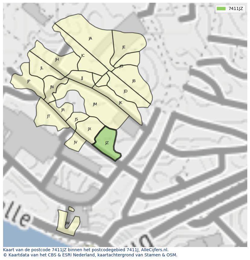 Afbeelding van het postcodegebied 7411 JZ op de kaart.