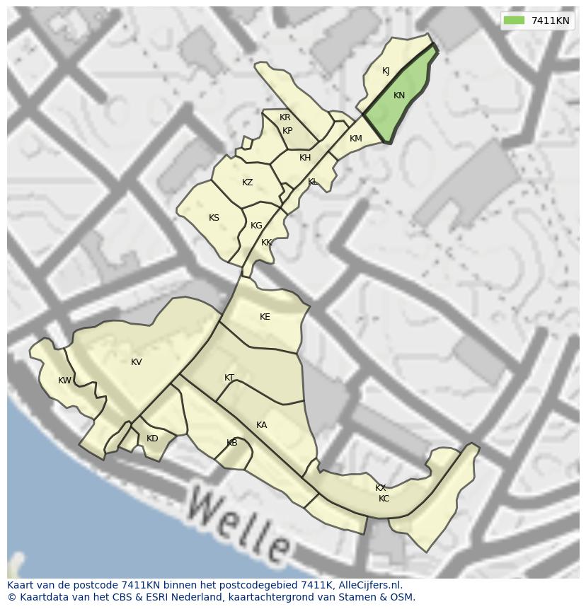 Afbeelding van het postcodegebied 7411 KN op de kaart.