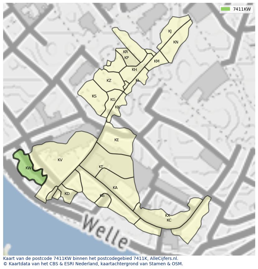 Afbeelding van het postcodegebied 7411 KW op de kaart.