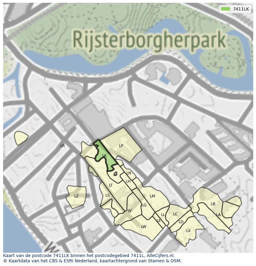Afbeelding van het postcodegebied 7411 LK op de kaart.