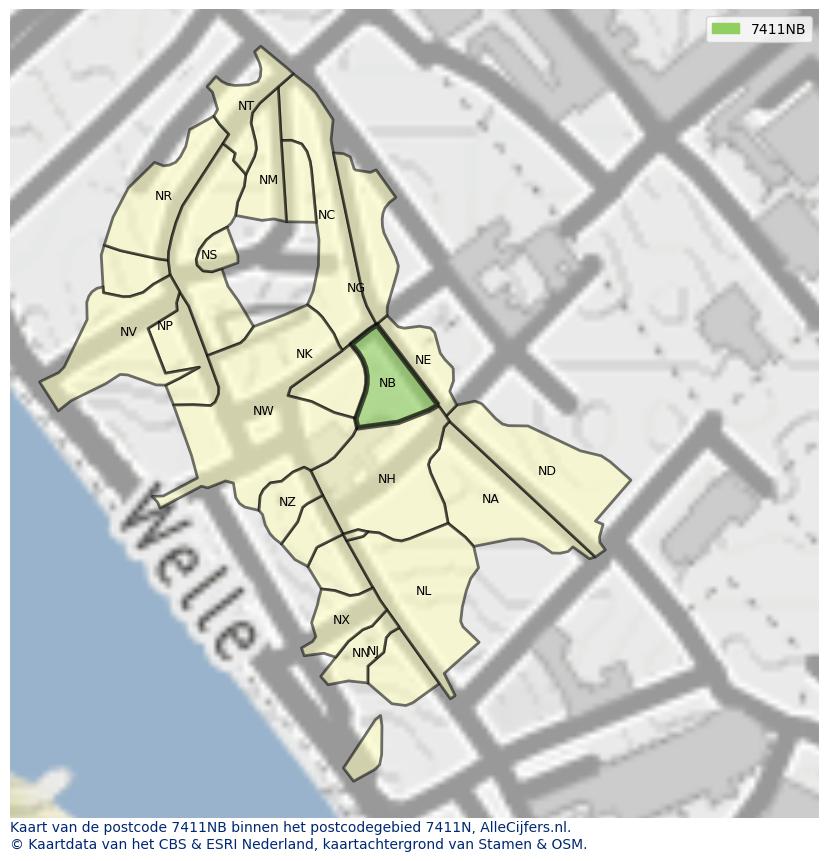 Afbeelding van het postcodegebied 7411 NB op de kaart.
