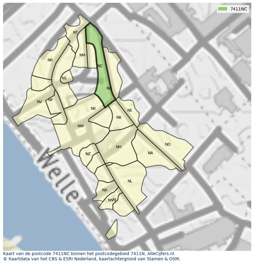 Afbeelding van het postcodegebied 7411 NC op de kaart.