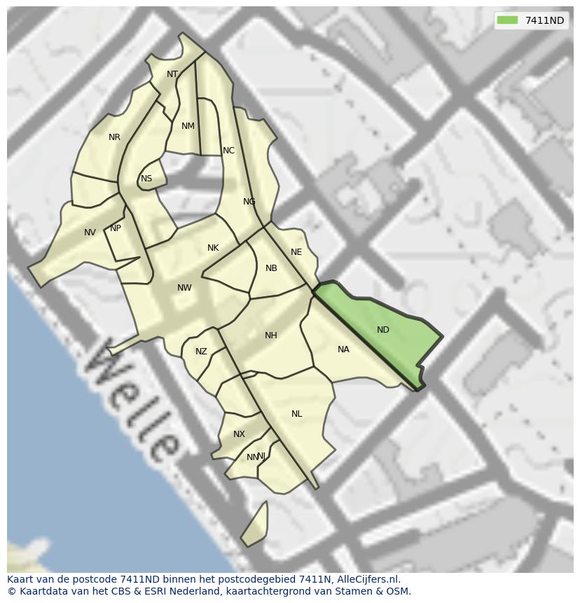 Afbeelding van het postcodegebied 7411 ND op de kaart.