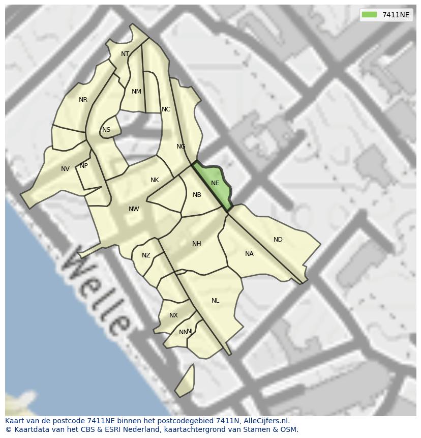 Afbeelding van het postcodegebied 7411 NE op de kaart.