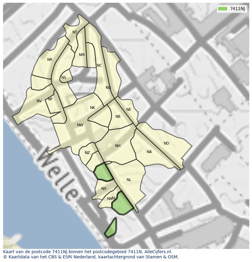 Afbeelding van het postcodegebied 7411 NJ op de kaart.