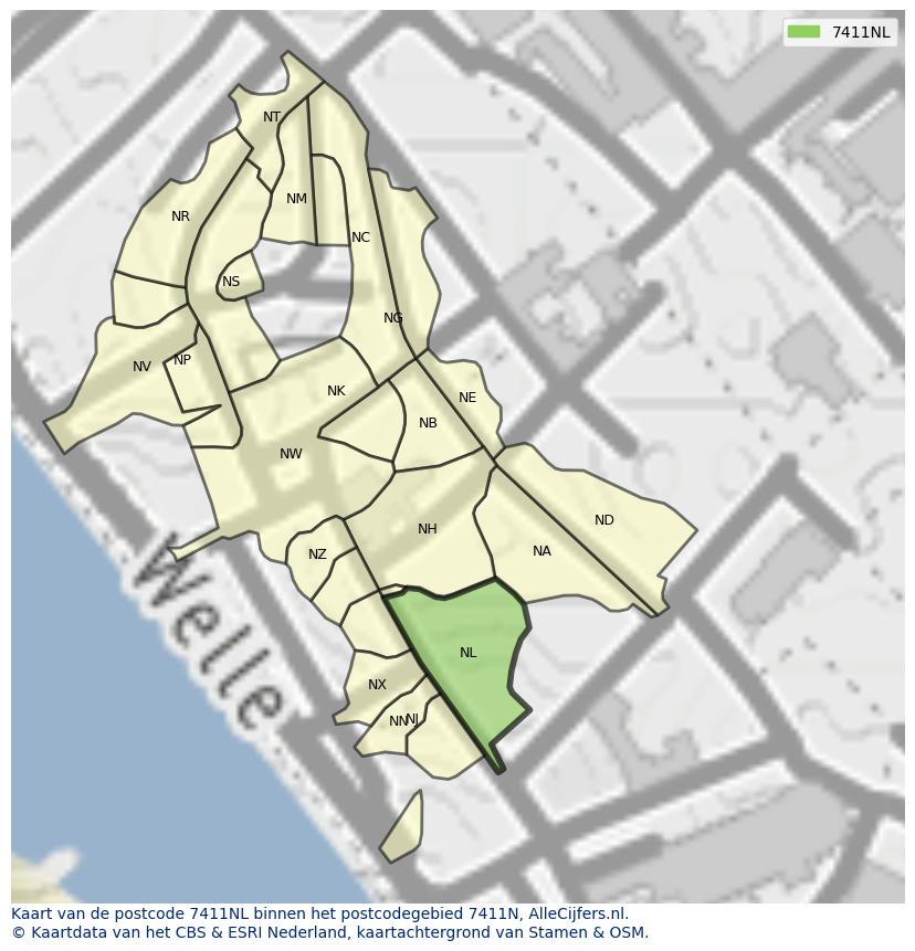 Afbeelding van het postcodegebied 7411 NL op de kaart.