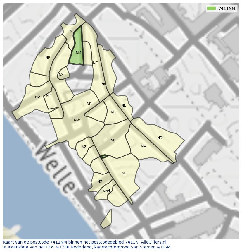 Afbeelding van het postcodegebied 7411 NM op de kaart.