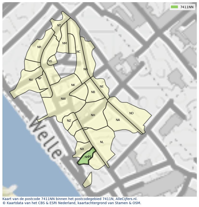 Afbeelding van het postcodegebied 7411 NN op de kaart.