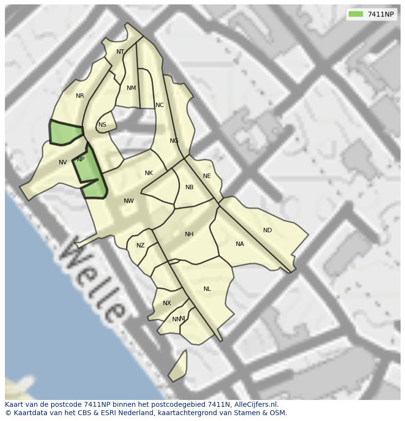 Afbeelding van het postcodegebied 7411 NP op de kaart.