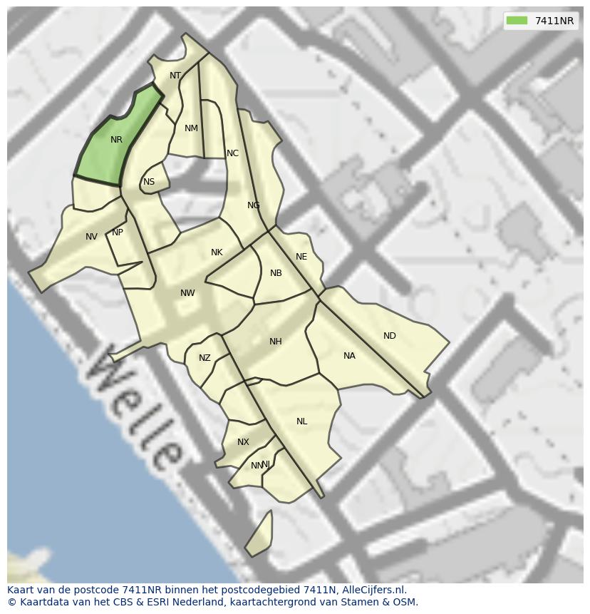 Afbeelding van het postcodegebied 7411 NR op de kaart.