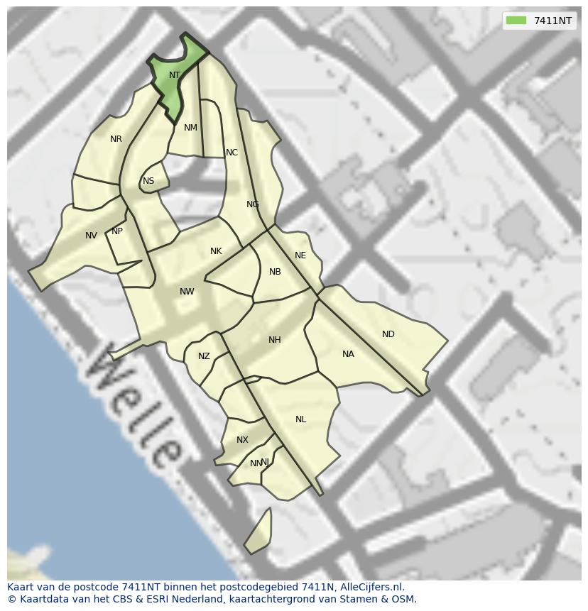 Afbeelding van het postcodegebied 7411 NT op de kaart.