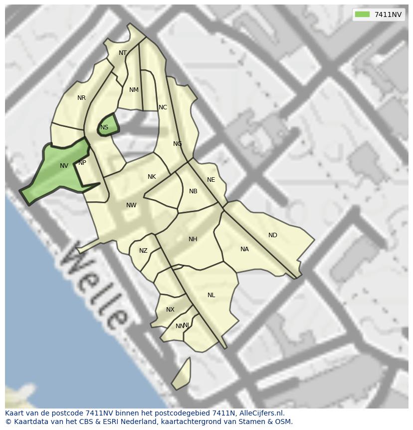 Afbeelding van het postcodegebied 7411 NV op de kaart.
