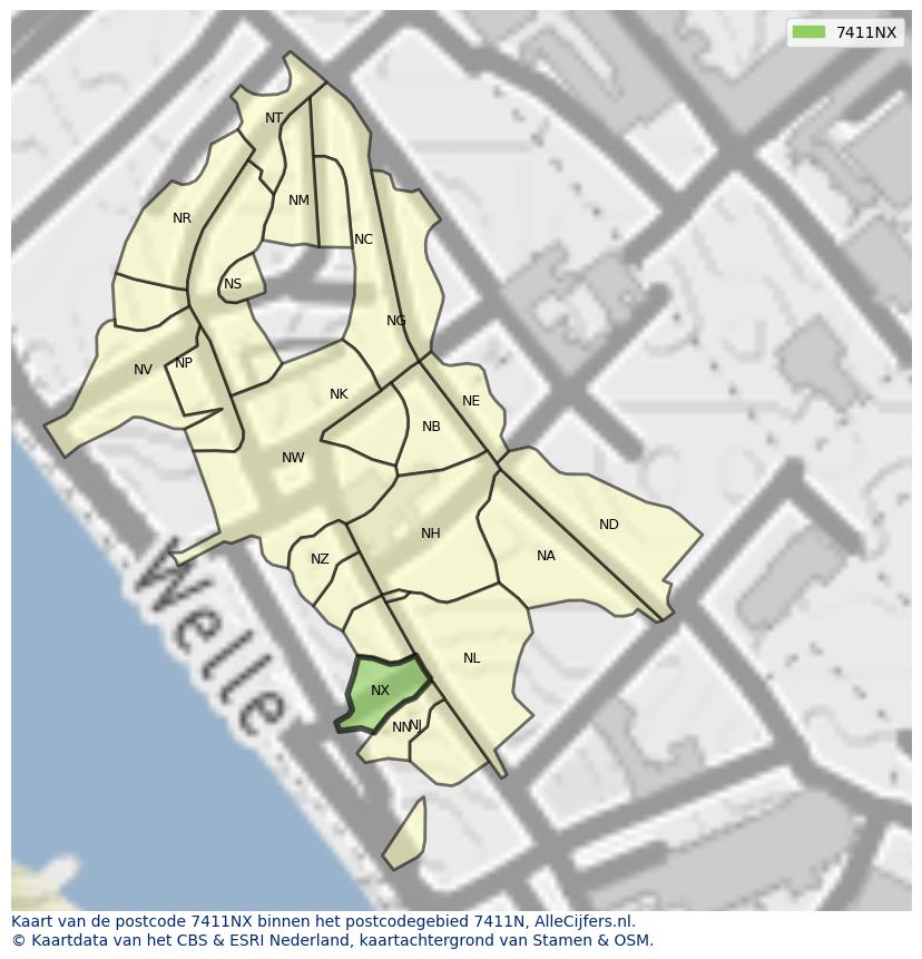 Afbeelding van het postcodegebied 7411 NX op de kaart.