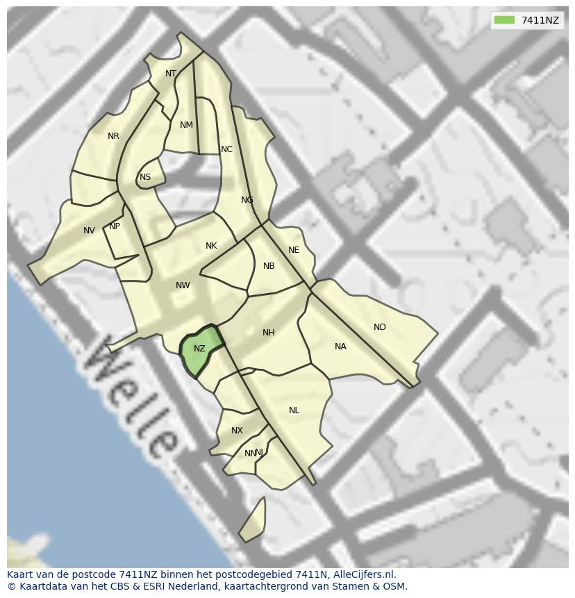 Afbeelding van het postcodegebied 7411 NZ op de kaart.