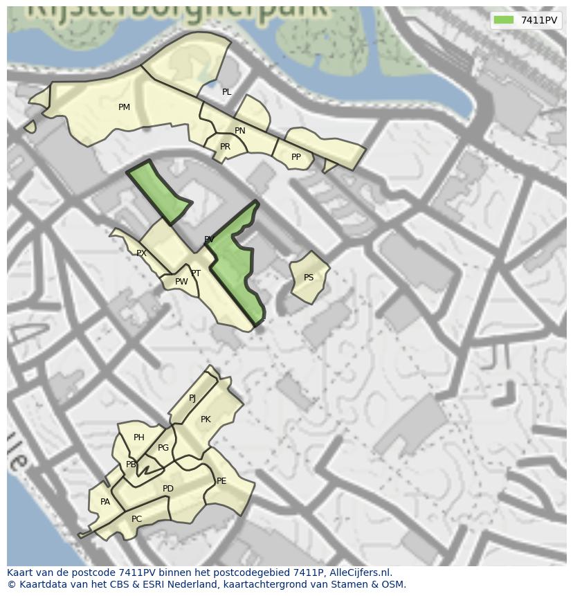 Afbeelding van het postcodegebied 7411 PV op de kaart.