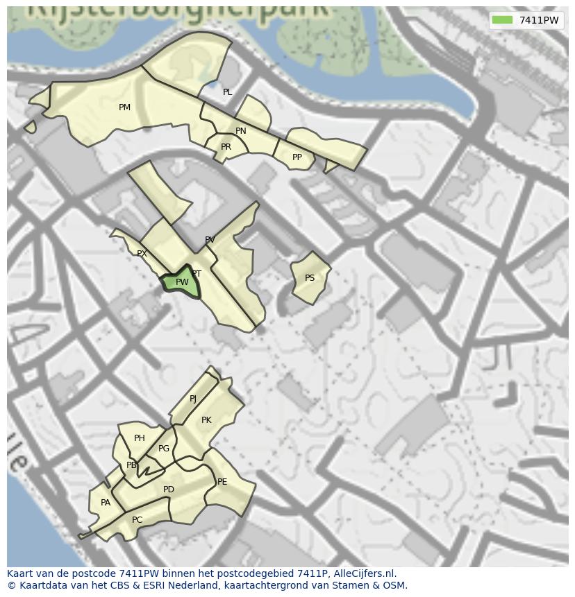 Afbeelding van het postcodegebied 7411 PW op de kaart.