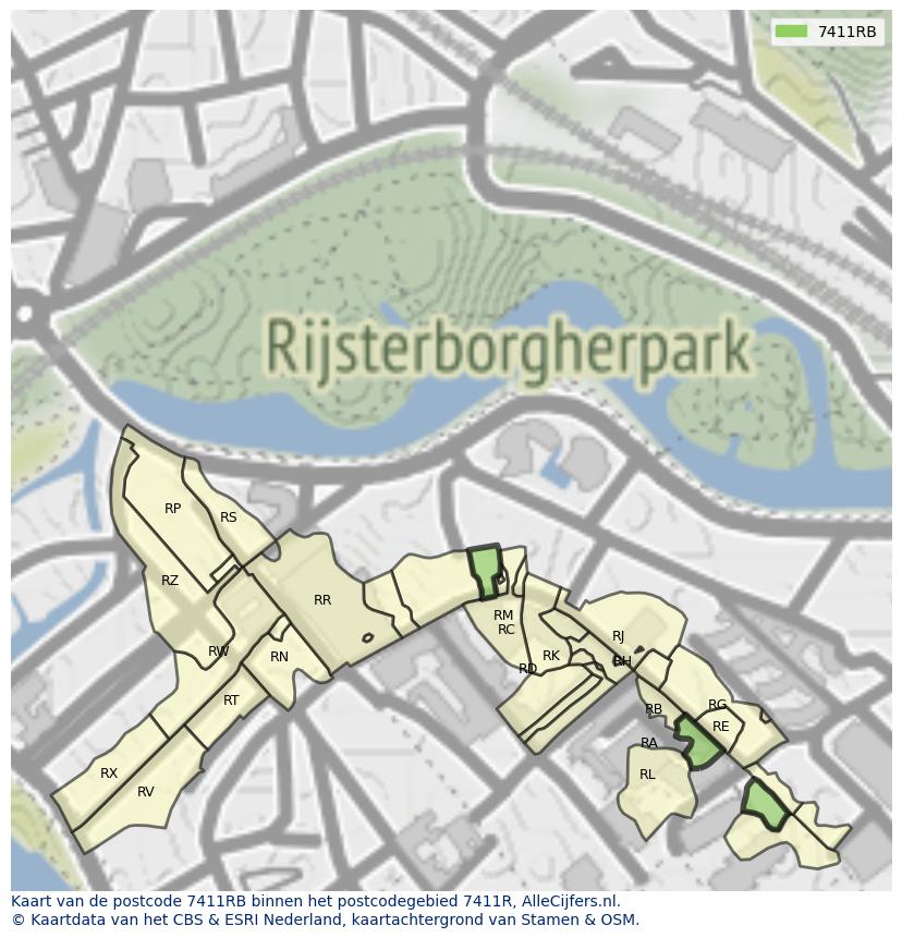 Afbeelding van het postcodegebied 7411 RB op de kaart.