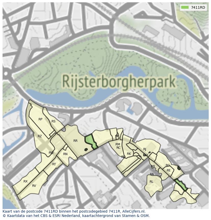 Afbeelding van het postcodegebied 7411 RD op de kaart.